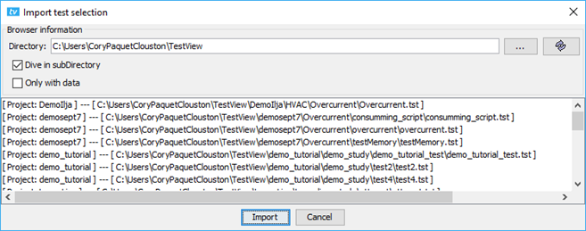 Import Test Selection Dialog Box